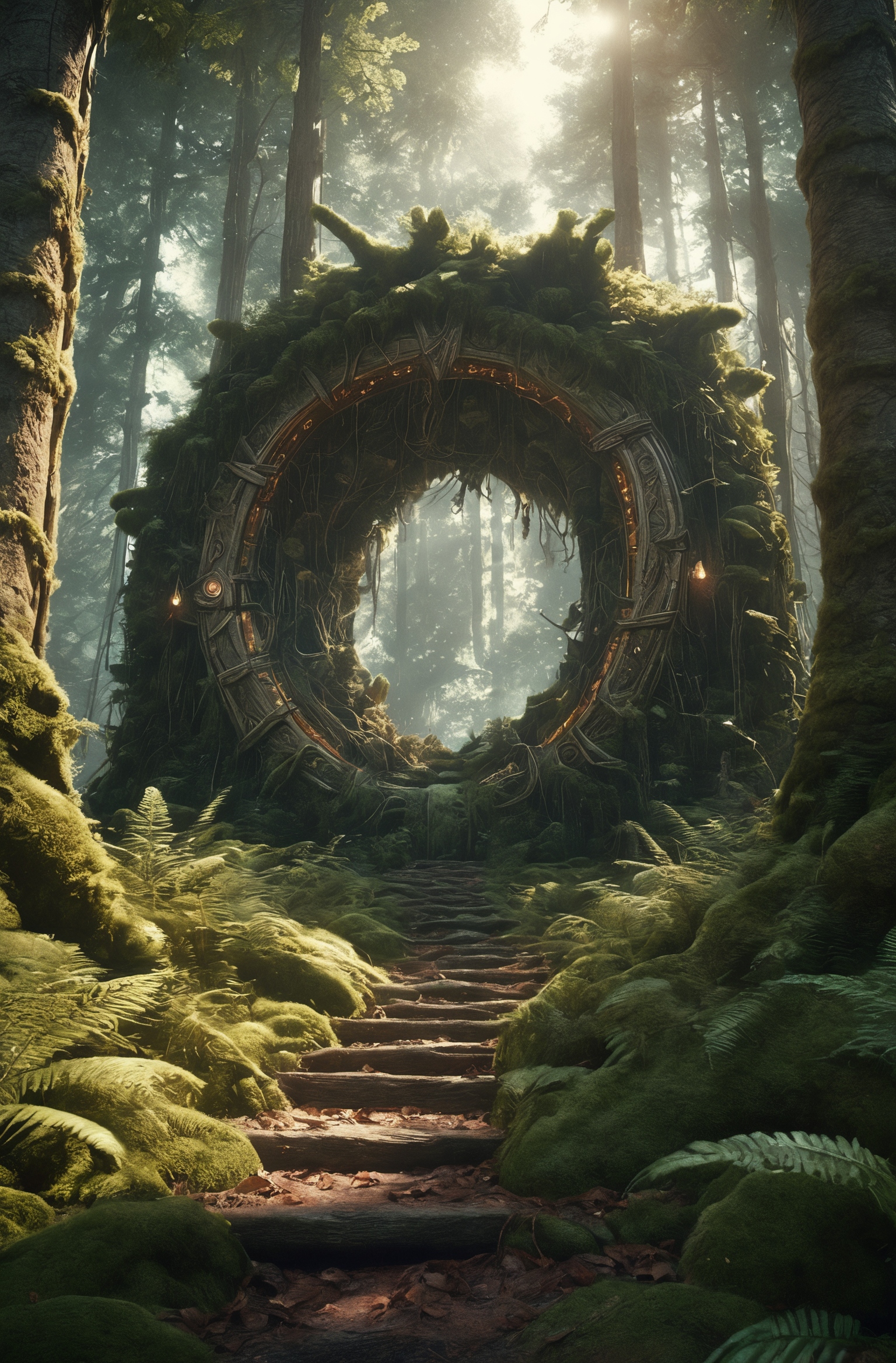 Hyperrealistic art fantasy forest landscape, a magic  portal in the forest, a detailed matte painting by Mike Winkelmann, ...
